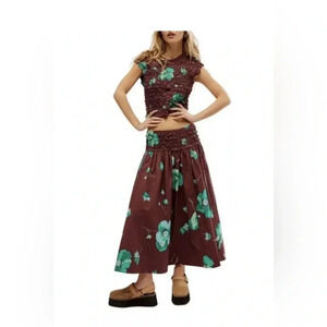 FREE PEOPLE Carino Floral Stretch Cotton Crop Top & Midi Skirt SET Size Small